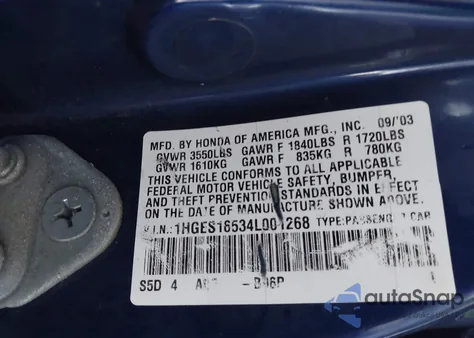 2004 Honda Civic Lx from USA, damaged, VIN 1HGES16534L001268